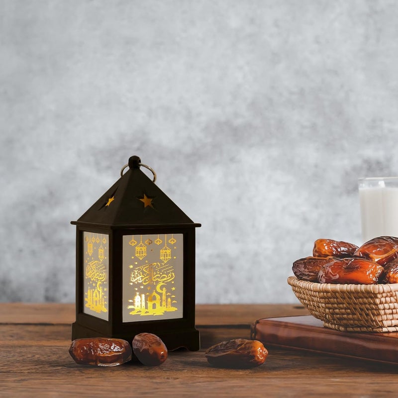 Glodecart 2 قطعة فوانيس رمضان سوداء، نمط قلعة صغيرة، إضاءة LED، بطارية مشمولة، للطاولة أو التعليق، ديكورات رمضان للمنزل والهواء الطلق، مقاس 5 × 2 × 2 بوصة، وزن 0.15 كجم. - Image 4