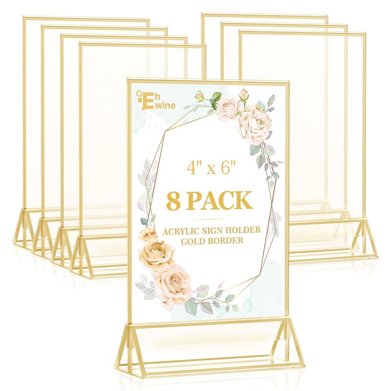EHWINE 8 Pack 4×6 Clear Acrylic Sign Holder with Gold Borders and Vertical Stand, Double Sided Table Menu Holders Picture Frames for Wedding Table Numbers, Restaurant Signs, Photos and Art Display - Image 1