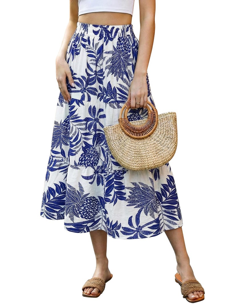 SEAFORM Women's Boho Floral Print Midi Skirt A-Line Elastic High Waist Flowy Long Skirts Casual Summer Beach Vacation Skirt Blue - Image 1