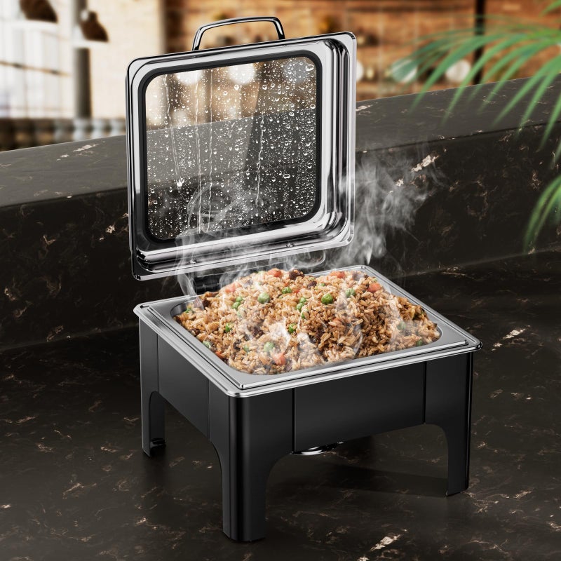 KScocina Chafing Dishes for Buffet, 6QT Square Stainless Steel Chafing Dish with Transparent Hydraulic Lid, 304 Food Pan, Buffet Warmer for Parties and Events (Black) - Image 1