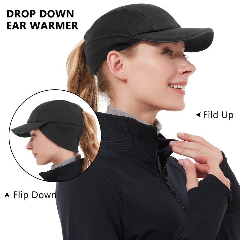 GADIEMKENSD GADIEMKENSD Winter Running Hats Reflective Fleece Ponytail Hat for Women Baseball Caps with Earflap Drop Down Ear Warmer Mens Skull Cap Beanie with Visor Cold Hat for Outdoor Hiking Snow Ski Black  - Image 3