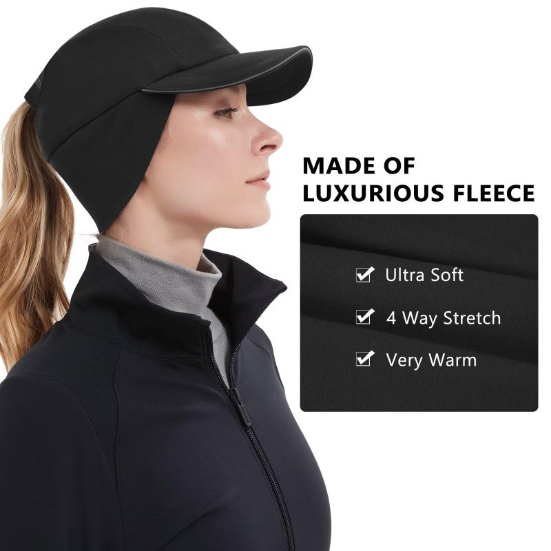 GADIEMKENSD GADIEMKENSD Winter Running Hats Reflective Fleece Ponytail Hat for Women Baseball Caps with Earflap Drop Down Ear Warmer Mens Skull Cap Beanie with Visor Cold Hat for Outdoor Hiking Snow Ski Black  - Image 2