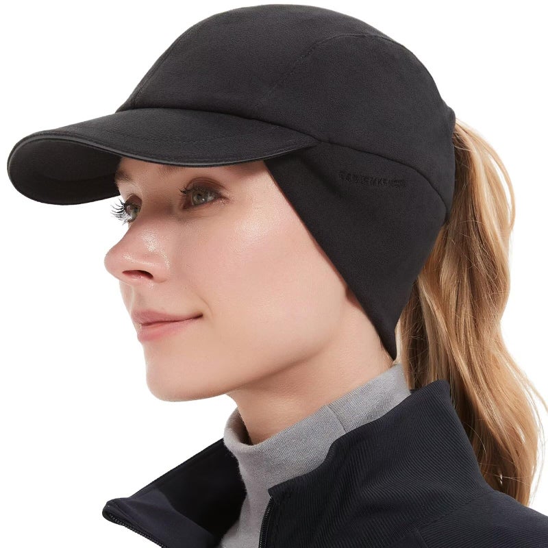 GADIEMKENSD GADIEMKENSD Winter Running Hats Reflective Fleece Ponytail Hat for Women Baseball Caps with Earflap Drop Down Ear Warmer Mens Skull Cap Beanie with Visor Cold Hat for Outdoor Hiking Snow Ski Black  - Image 1