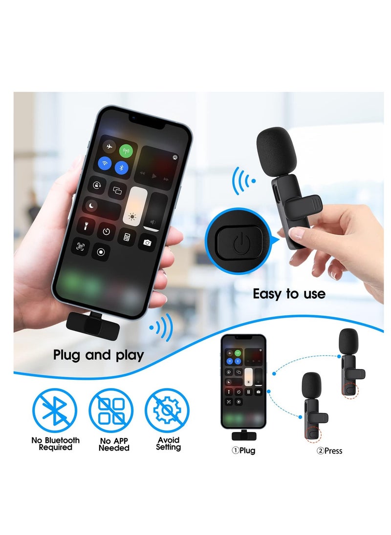 2 Pack Wireless Microphone for iPhone iPad, Lapel Mics Plug-Play 2.4G Ultra-Low Delay Built-in Noise Reduction Chip 8H Working Time for Video Recording Interview Podcast Vlog YouTube