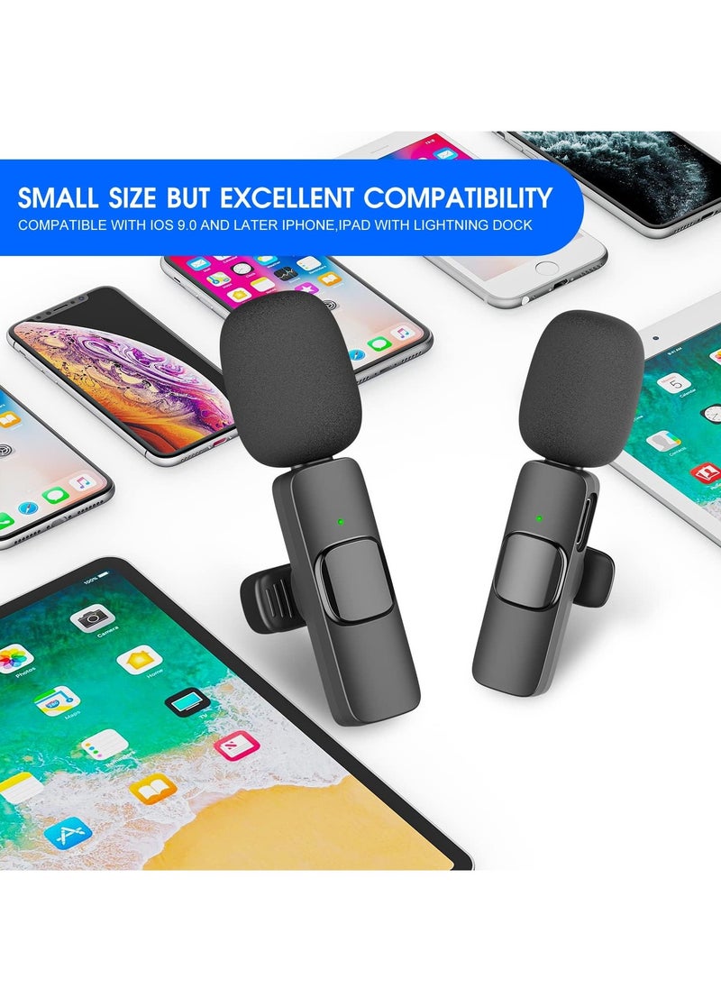 2 Pack Wireless Microphone for iPhone iPad, Lapel Mics Plug-Play 2.4G Ultra-Low Delay Built-in Noise Reduction Chip 8H Working Time for Video Recording Interview Podcast Vlog YouTube