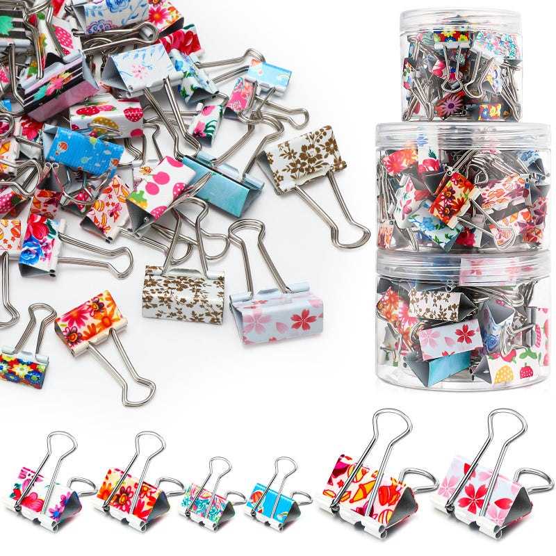 Cholemy 112 Pcs Cute Binder Clips With Box - 3 Sizes Floral Office Supplies Colored Large Medium Small Assorted Size Metal Decorative Paper Clips for Office School, 0.75 Inch, 0.98 Inch, 1.26 Inch - Image 1