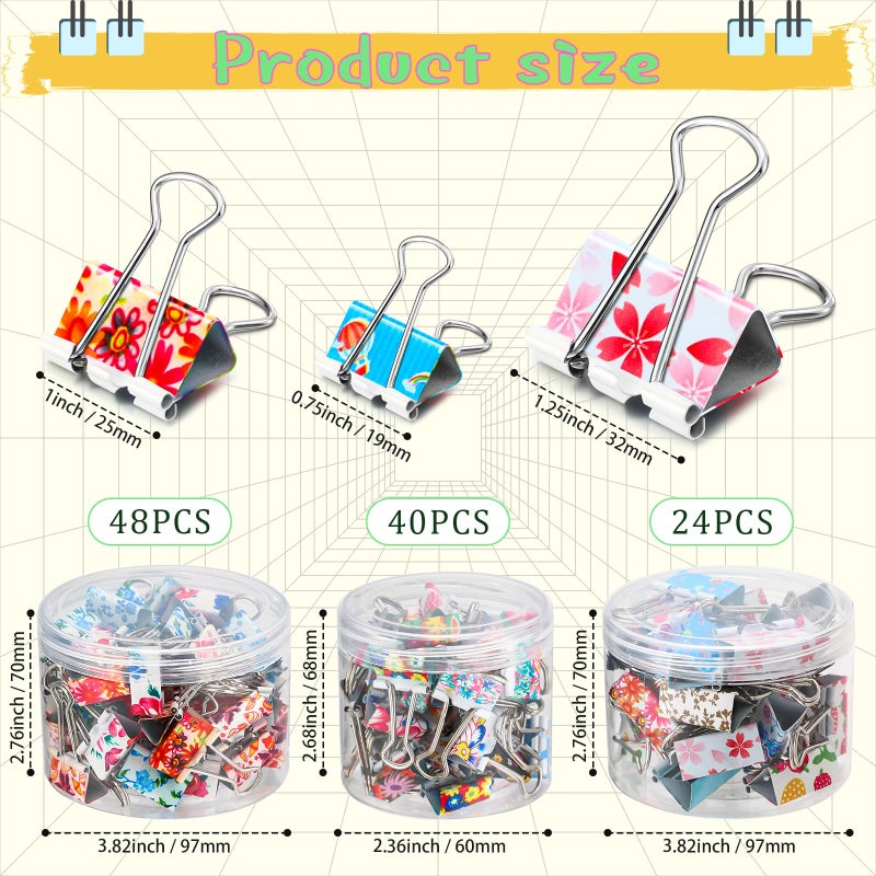 Cholemy 112 Pcs Cute Binder Clips With Box - 3 Sizes Floral Office Supplies Colored Large Medium Small Assorted Size Metal Decorative Paper Clips for Office School, 0.75 Inch, 0.98 Inch, 1.26 Inch - Image 2