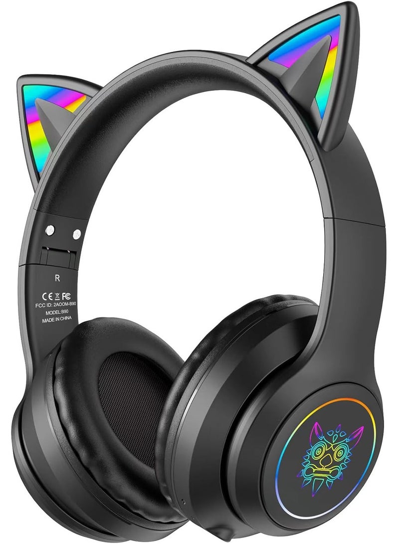 onikuma B90 Bluetooth Cat Ear Headphones for Kids & Adults, Wireless & Wired Mode Foldable Headset with Mic - Clear Sound Quality - RGB LED Light, for Girls School Gaming, for Phone/Laptop/PC/Tablet - Image 1