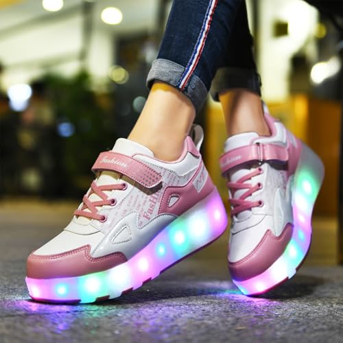 HHSTS Kids Shoes with Wheels LED Light Color Shoes Shiny Roller Skates Skate Shoes Simple Kids Gifts Boys Girls Best Gift for Party Birthday Christmas Day(6 Big Kid, White Pink) - Image 3