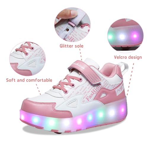 HHSTS Kids Shoes with Wheels LED Light Color Shoes Shiny Roller Skates Skate Shoes Simple Kids Gifts Boys Girls Best Gift for Party Birthday Christmas Day(6 Big Kid, White Pink) - Image 2