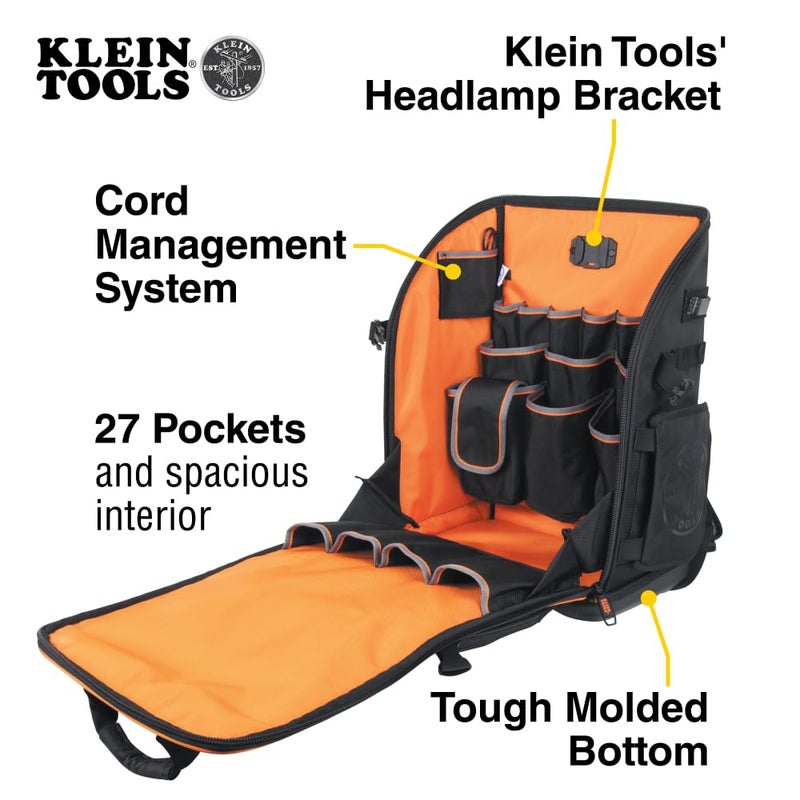 Klein Tools 62482 Tool Backpack, Tool-Station Pro Heavy-Duty Organizer with 27 Pockets, Large Interior, Molded Bottom, Electrician Tool Bag - Image 2