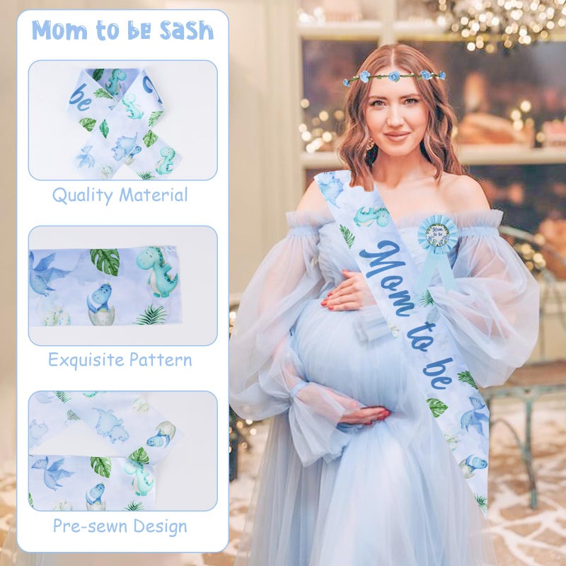 Serencatcher Dinosaur Baby Shower Decorations Boy, Blue Dino Mom to Be Maternity Sash Mom Dad to Be Button Pin Flower Crown Headband for Hatching Soon Baby Shower Gender Reveal Decorations - Image 4