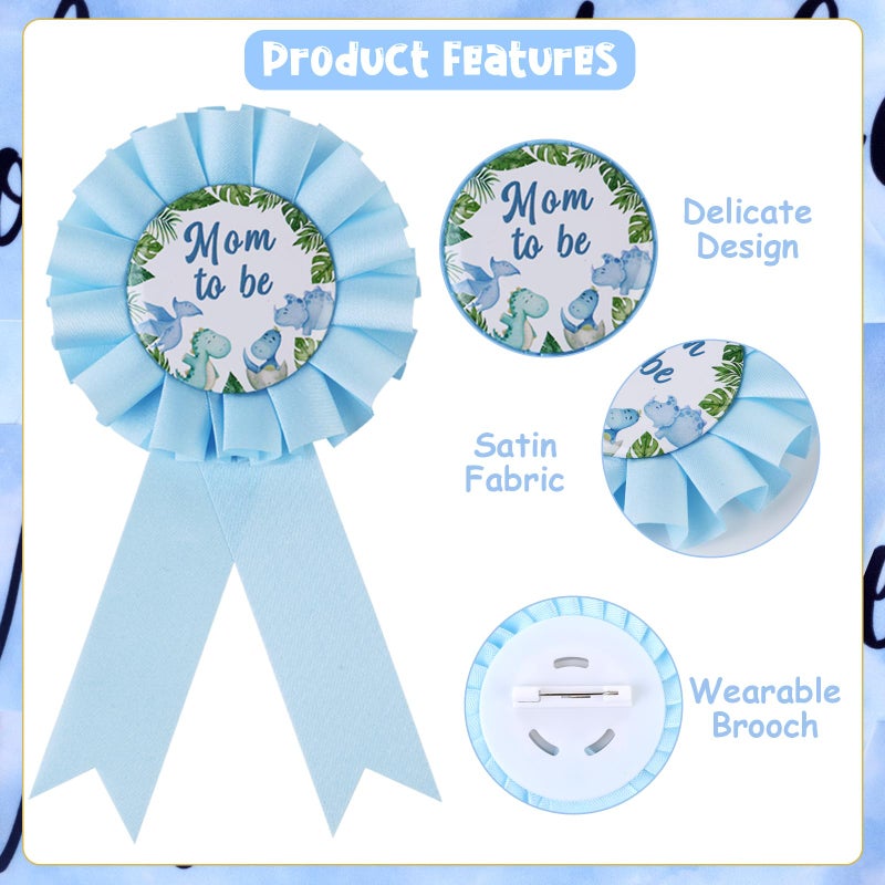 Serencatcher Dinosaur Baby Shower Decorations Boy, Blue Dino Mom to Be Maternity Sash Mom Dad to Be Button Pin Flower Crown Headband for Hatching Soon Baby Shower Gender Reveal Decorations - Image 3