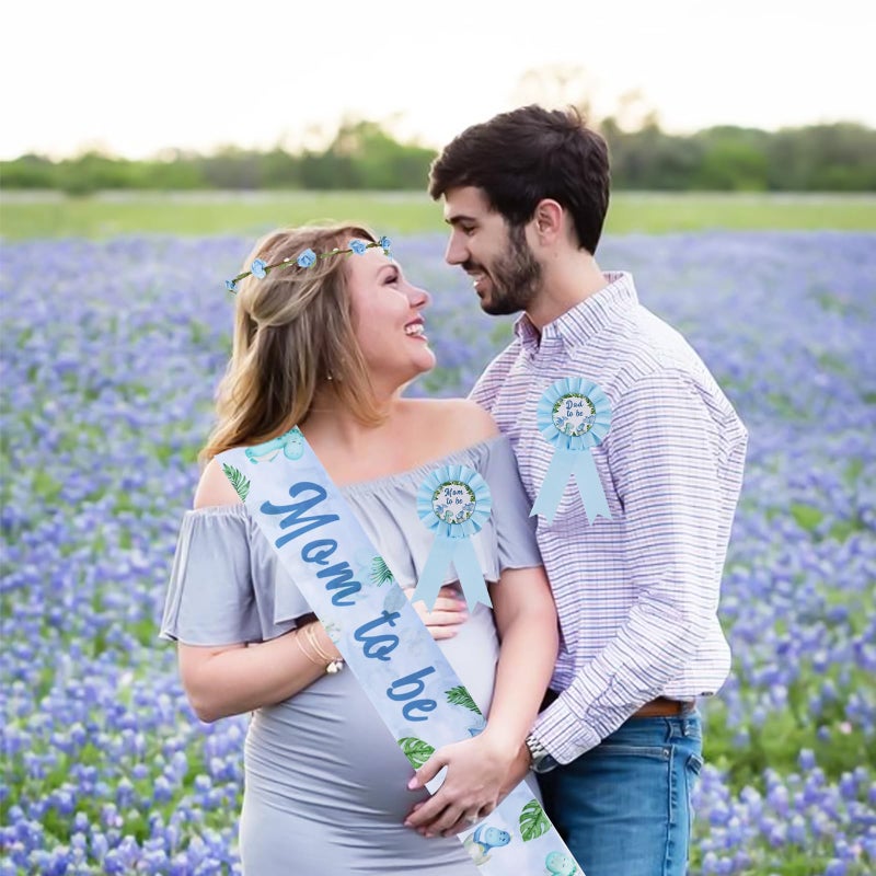 Serencatcher Dinosaur Baby Shower Decorations Boy, Blue Dino Mom to Be Maternity Sash Mom Dad to Be Button Pin Flower Crown Headband for Hatching Soon Baby Shower Gender Reveal Decorations - Image 5