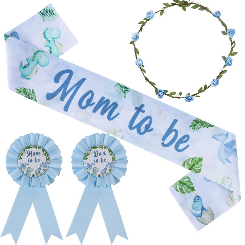 Serencatcher Dinosaur Baby Shower Decorations Boy, Blue Dino Mom to Be Maternity Sash Mom Dad to Be Button Pin Flower Crown Headband for Hatching Soon Baby Shower Gender Reveal Decorations - Image 1