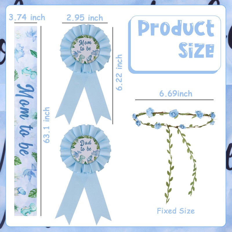 Serencatcher Dinosaur Baby Shower Decorations Boy, Blue Dino Mom to Be Maternity Sash Mom Dad to Be Button Pin Flower Crown Headband for Hatching Soon Baby Shower Gender Reveal Decorations - Image 2