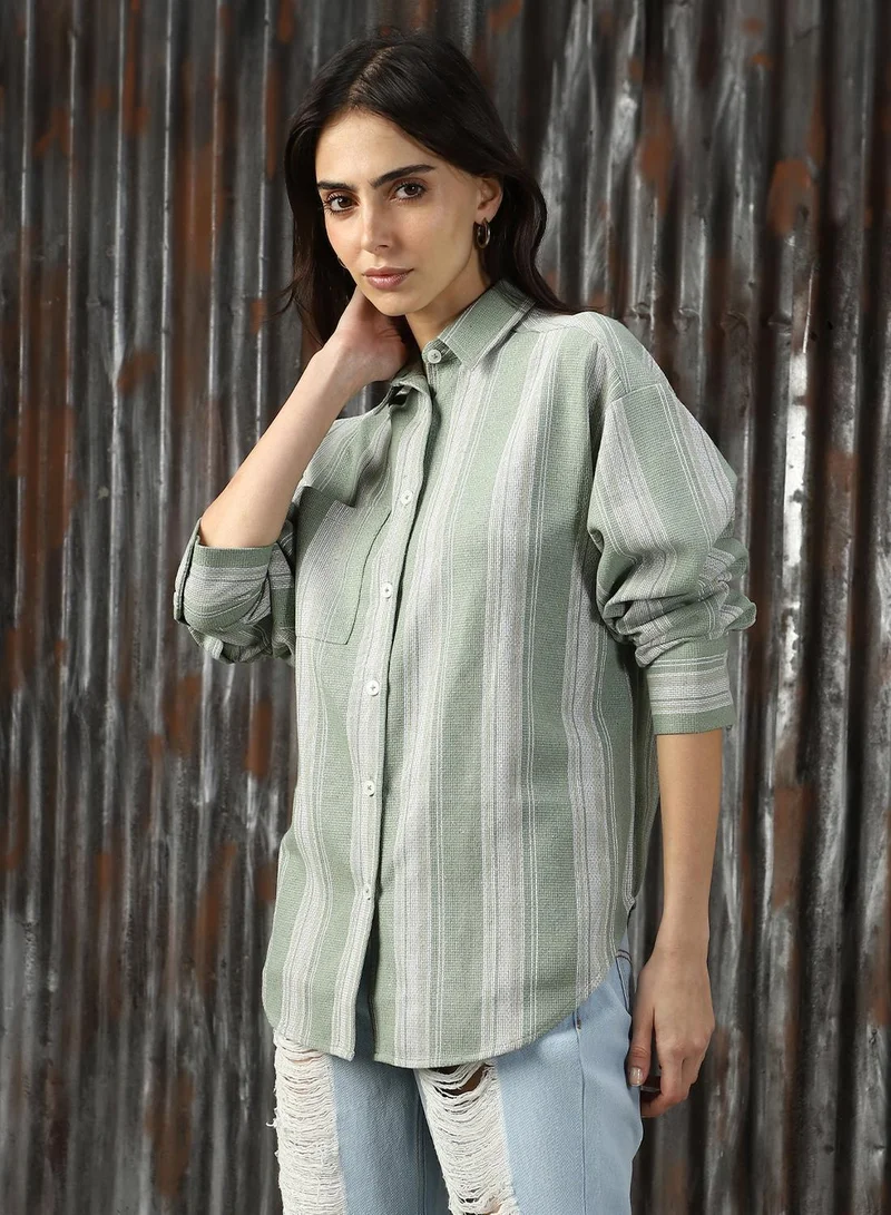 هاي ستار Women's Green Cotton Blend Striped Button Down Shirt