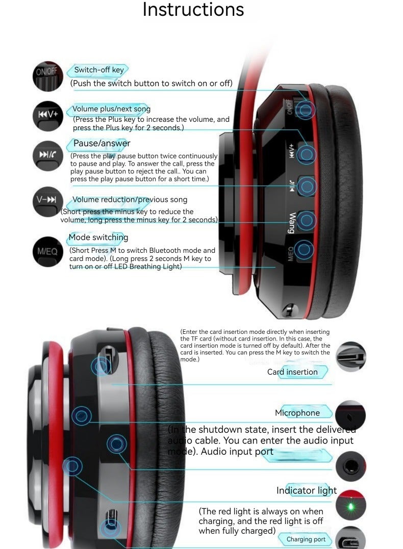 Head-mounted Noise Canceling Bluetooth Headphones Wireless Headphones Heavy Bass Comfortable Luminous Earplugs (Black Red) - Image 2