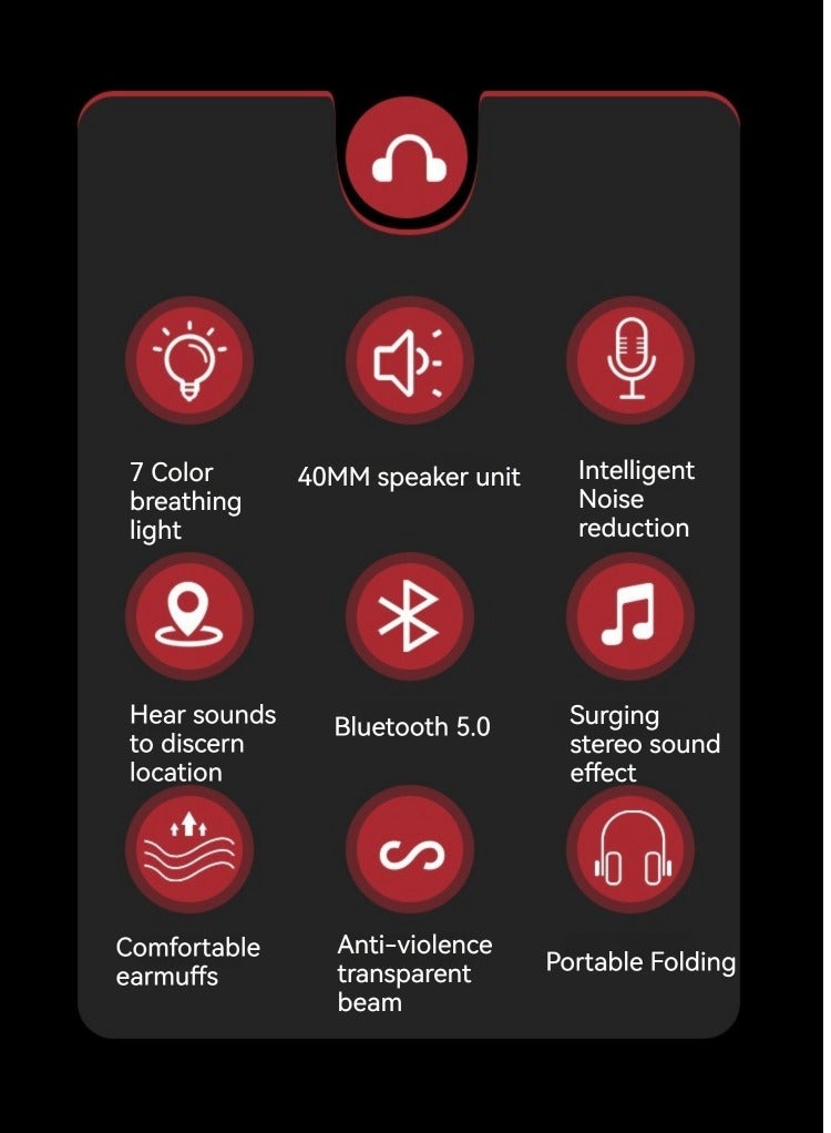 Head-mounted Noise Canceling Bluetooth Headphones Wireless Headphones Heavy Bass Comfortable Luminous Earplugs (Black Red) - Image 3