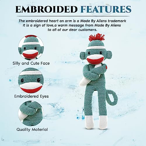 Made By Aliens Adorable Sock Monkey, The Original Traditional Hand Knitted Stuffed Animal Toy Gift-for Kids, Babies, Teens, Girls and Boys Baby Doll Present Puppet (20" Green) - Image 3