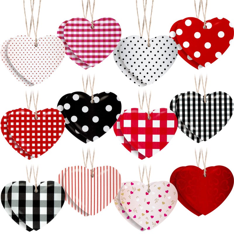 Zomiboo 24 Pcs Valentines Heart Ornament Valentine's Day Hanging Red and Pink Decoration Wood Tag Buffalo Plaid Heart Ornament for Craft Wedding Home Anniversary Birthday Party Decor(Plaid Style) - Image 1