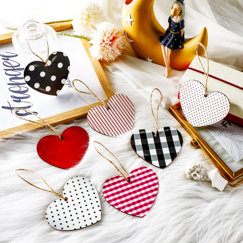 Zomiboo 24 Pcs Valentines Heart Ornament Valentine's Day Hanging Red and Pink Decoration Wood Tag Buffalo Plaid Heart Ornament for Craft Wedding Home Anniversary Birthday Party Decor(Plaid Style) - Image 5