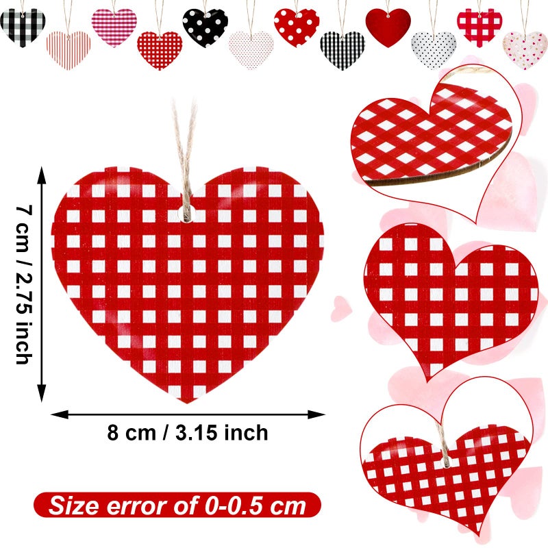 Zomiboo 24 Pcs Valentines Heart Ornament Valentine's Day Hanging Red and Pink Decoration Wood Tag Buffalo Plaid Heart Ornament for Craft Wedding Home Anniversary Birthday Party Decor(Plaid Style) - Image 2