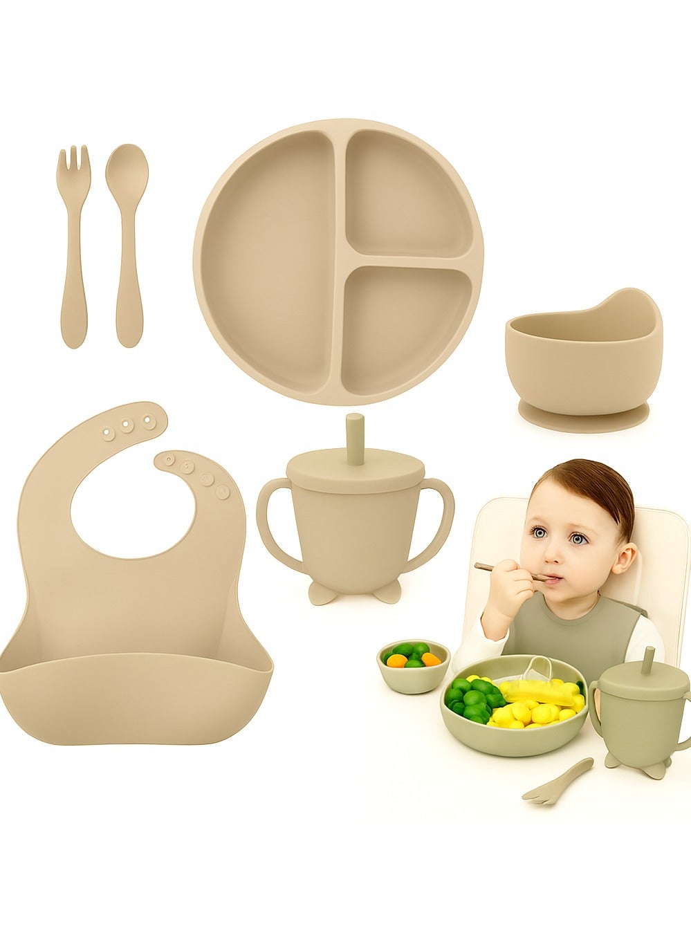 cartogivz Baby Food Feeding 7-Piece Set – Silicone Baby Feeding Kit with Bib, Suction Bowl, Divided Plate, Sippy Cup, Spoon & Fork