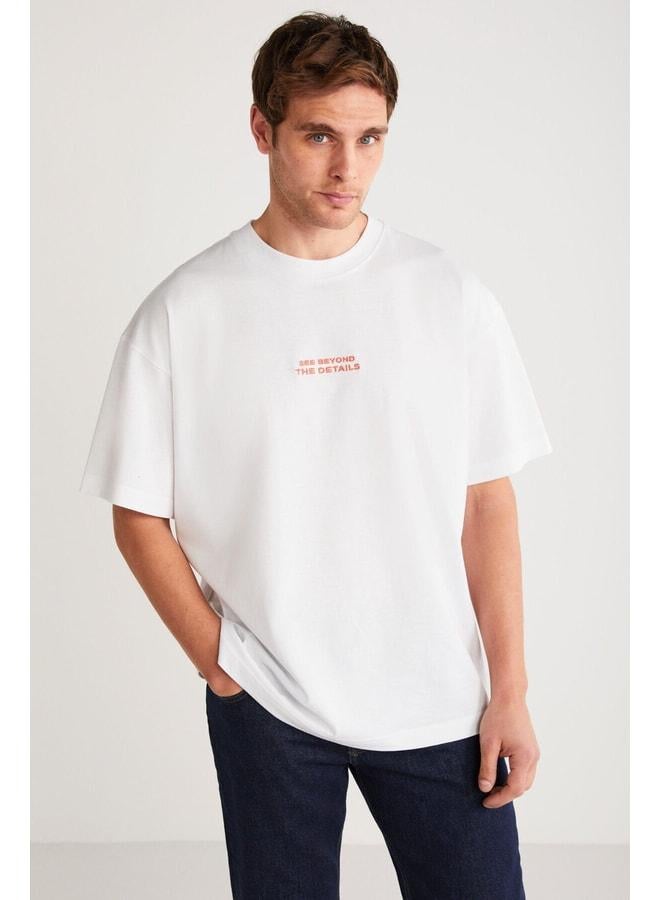 GRIMELANGE Vıto Men's 100% Organic Cotton Embroidered Text Detailed Oversized Loose-Fit Short Sleeve White T‑shirt. - Image 1