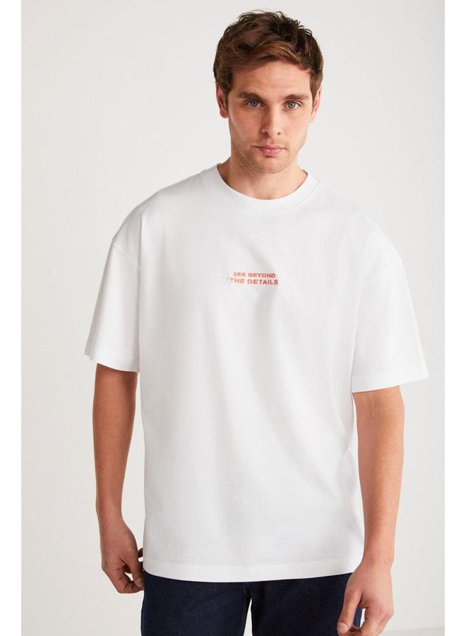 GRIMELANGE Vıto Men's 100% Organic Cotton Embroidered Text Detailed Oversized Loose-Fit Short Sleeve White T‑shirt. - Image 2