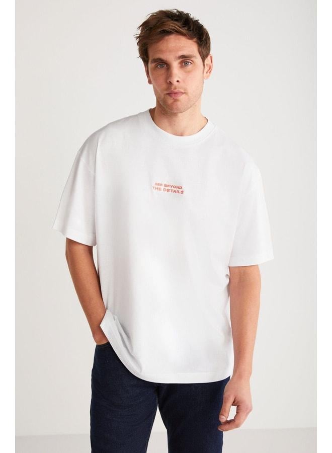 GRIMELANGE Vıto Men's 100% Organic Cotton Embroidered Text Detailed Oversized Loose-Fit Short Sleeve White T‑shirt. - Image 3