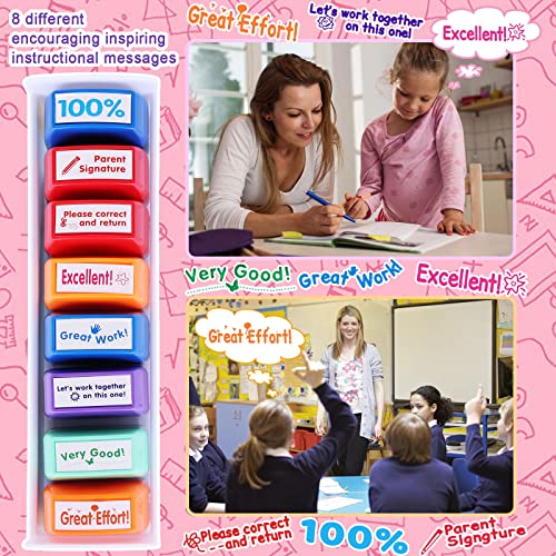Swity Home Self-Inking Teacher Stamp Set Mess-Free Motivation Teacher Grading Stamp Set Teachers Review Homework Feedback Stamps for Classroom Grading Encouragement Motivation Recognition 8 Pcs - Image 2