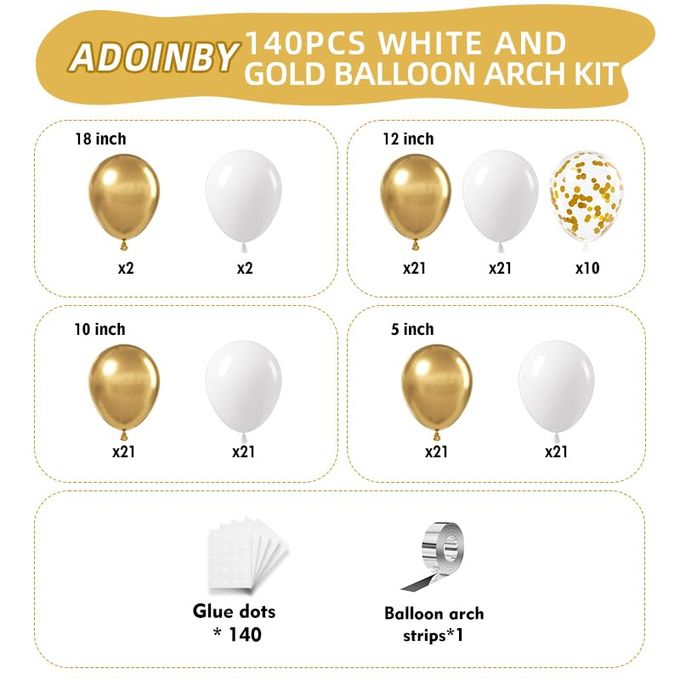 ADOINBY White and Gold Balloon Arch Kit, 140Pcs Matte White Metallic Gold and Gold Confetti Party Balloon Garland Kit for Wedding, Engagements, Birthday, Bridal Shower, Baby Shower Anniversary Decorations - Image 2