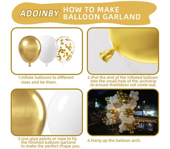 ADOINBY White and Gold Balloon Arch Kit, 140Pcs Matte White Metallic Gold and Gold Confetti Party Balloon Garland Kit for Wedding, Engagements, Birthday, Bridal Shower, Baby Shower Anniversary Decorations - Image 3