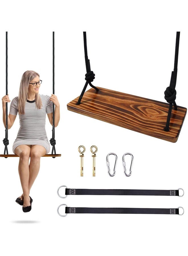 L&E Carbonized Hanging Wooden Swing, 24"x 8"x 1.2" Tree Swing for Adults Kids with 200KG Load, Adjustable Climbing Rope Plus Tree Straps 2M, Outdoor Indoor Room Wood Swing Set - Image 1