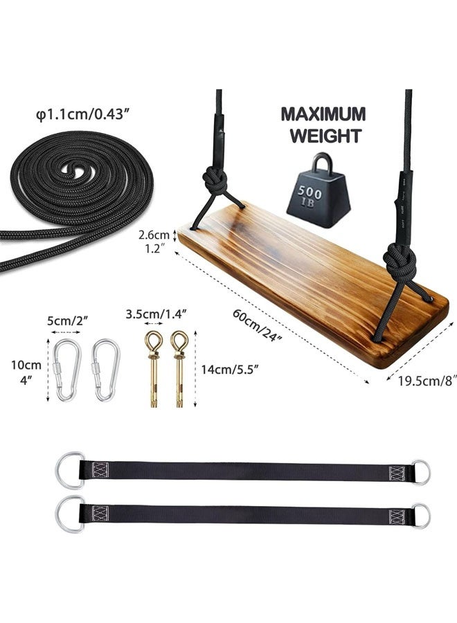 L&E Carbonized Hanging Wooden Swing, 24"x 8"x 1.2" Tree Swing for Adults Kids with 200KG Load, Adjustable Climbing Rope Plus Tree Straps 2M, Outdoor Indoor Room Wood Swing Set - Image 4