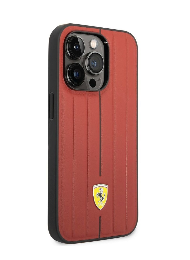 Ferrari iPhone 14 Pro Case Leather Back Cover with Embossed Stripes & Yellow Shield Logo / Lifted Ring Case / Slim profile / Easy Snap-On / Drop & Bumper Protection - Red - Image 2
