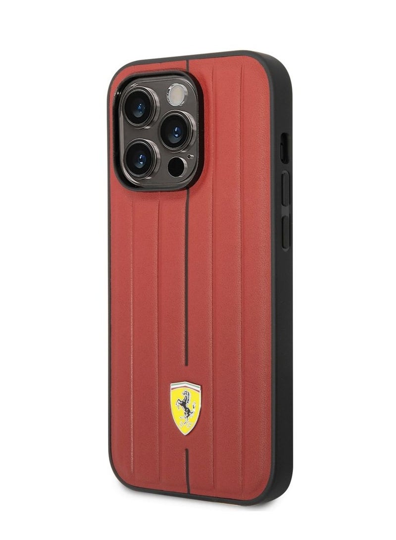 Ferrari iPhone 14 Pro Case Leather Back Cover with Embossed Stripes & Yellow Shield Logo / Lifted Ring Case / Slim profile / Easy Snap-On / Drop & Bumper Protection - Red - Image 3