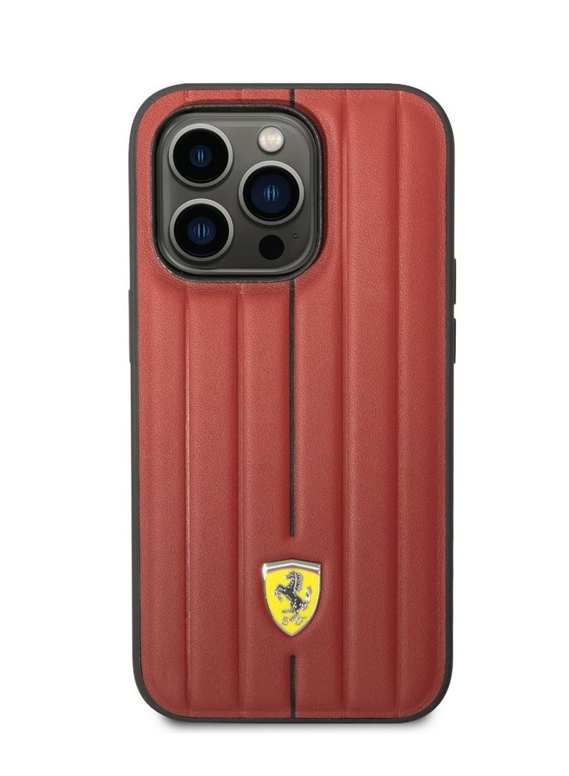 Ferrari iPhone 14 Pro Case Leather Back Cover with Embossed Stripes & Yellow Shield Logo / Lifted Ring Case / Slim profile / Easy Snap-On / Drop & Bumper Protection - Red - Image 1