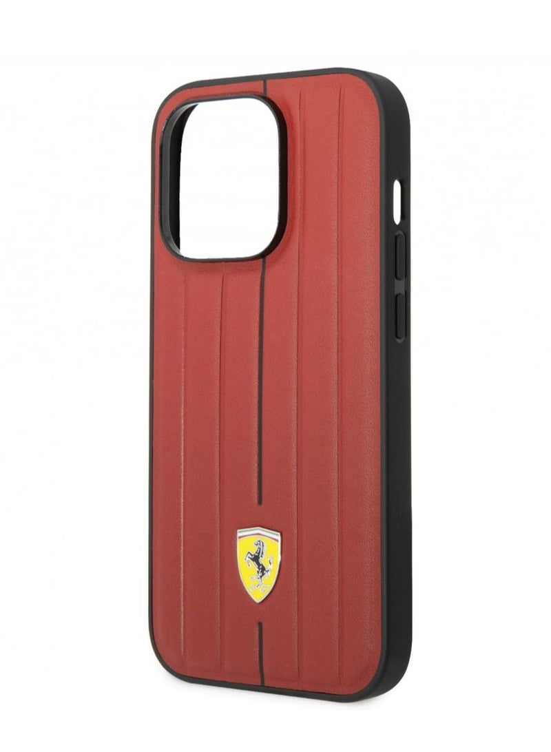Ferrari iPhone 14 Pro Case Leather Back Cover with Embossed Stripes & Yellow Shield Logo / Lifted Ring Case / Slim profile / Easy Snap-On / Drop & Bumper Protection - Red - Image 4