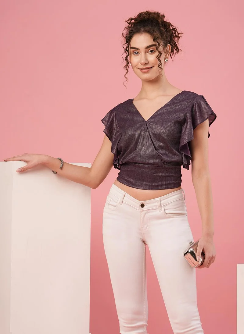 globus Globus Women Purple Flutter Sleeve Wrap Party Crop Top