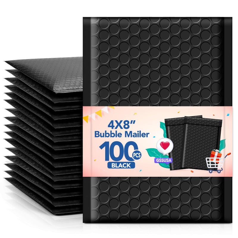GSSUSA GSSSUSA Bubble Mailers 4x8 Inch 100 Pack Padded Envelopes Usable Size 4x7 Inch Shipping Envelopes Self Seal Small Packaging Shipping Bags for Mailing Jewelry, Small Business, Black - Image 1