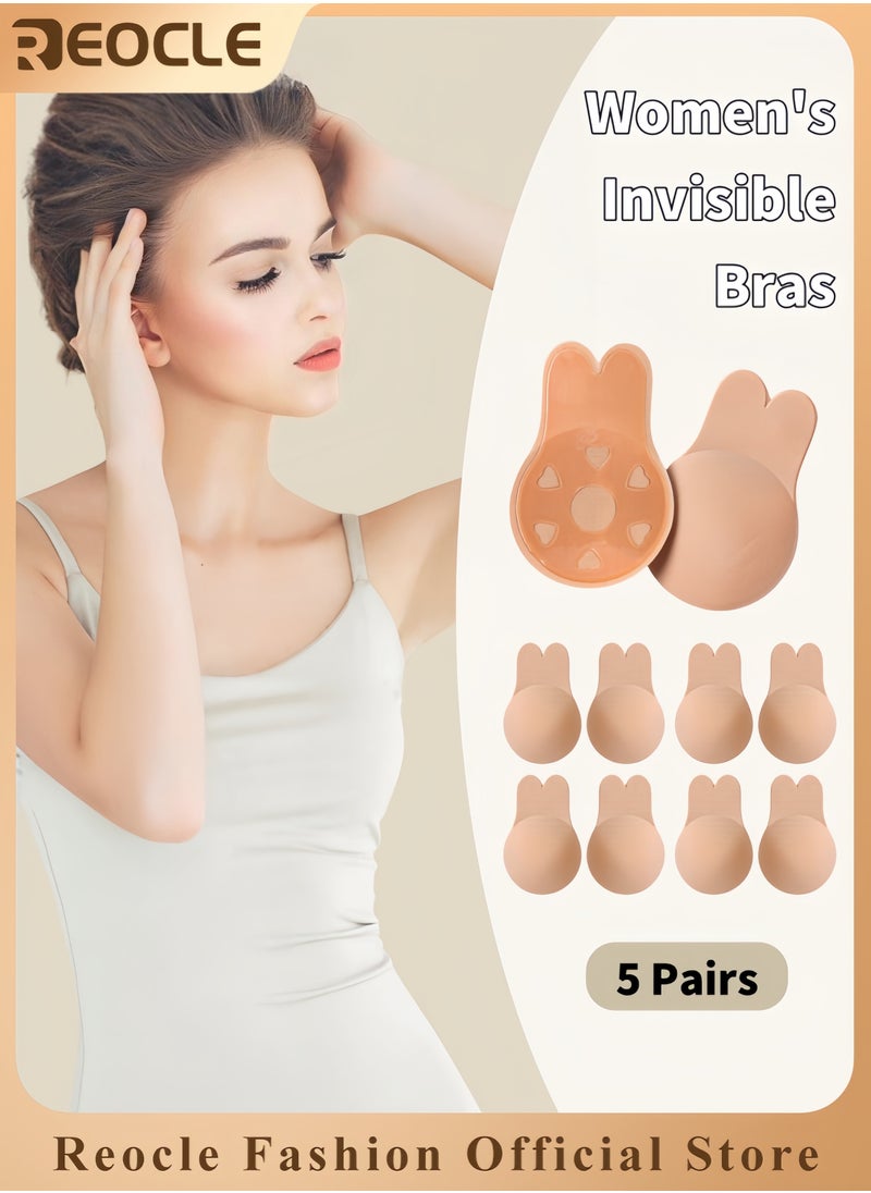 REOCLE - 5PCS Women's Adhesive Bras Strapless Backless Bra Invisible Lift Up Adhesive Cover Bra Comfortable & Reusable Silicone Rabbit Ear Bras for Strapless Backless Evening Dresses & Prom Dresses & Bridal Dress - Image 1