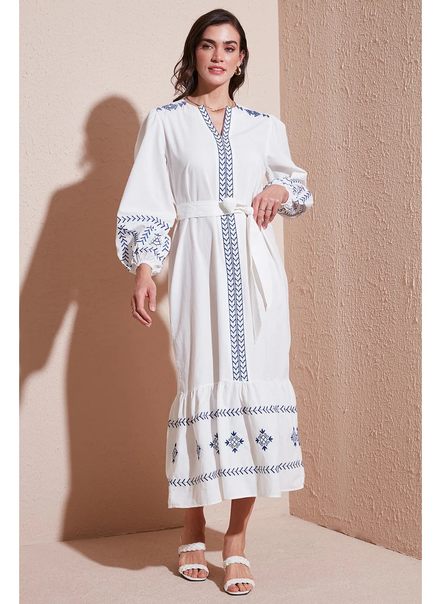 Lela Cotton Regular Fit Balloon Sleeve Embroidered Long Dress Women's Dress 676202