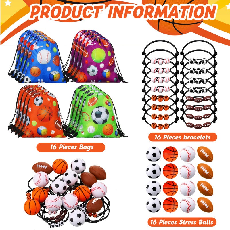 Panelee 16 Sets Sports Party Favors Baseball Soccer Basketball Football Birthday Supplies 16 Drawstring Bags 16 Charm Bracelets 16 Mini Foam Balls for Gift Fillers Games Rewards Supplies - Image 3