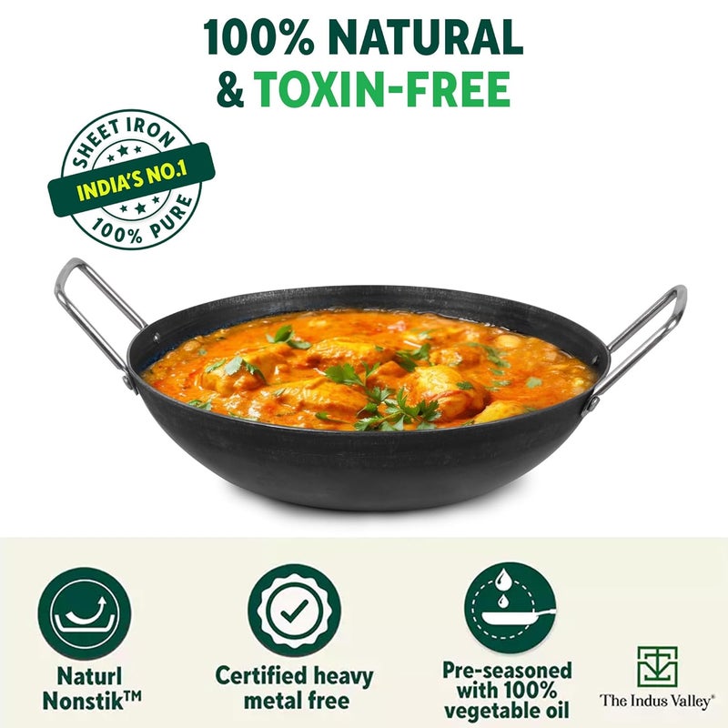 The Indus Valley The Indus Valley PreSeasoned Iron Kadai with Strong Handles Small 207 cm81 inch 14Ltr 064kg Induction Friendly PreSeasoned Iron Kadhai 100 Pure ToxinFree No Chemical Coating Black  - Image 4