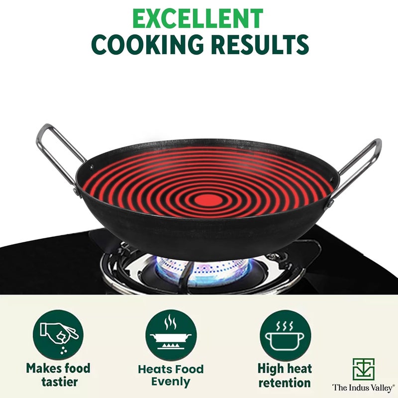 The Indus Valley The Indus Valley PreSeasoned Iron Kadai with Strong Handles Small 207 cm81 inch 14Ltr 064kg Induction Friendly PreSeasoned Iron Kadhai 100 Pure ToxinFree No Chemical Coating Black  - Image 5
