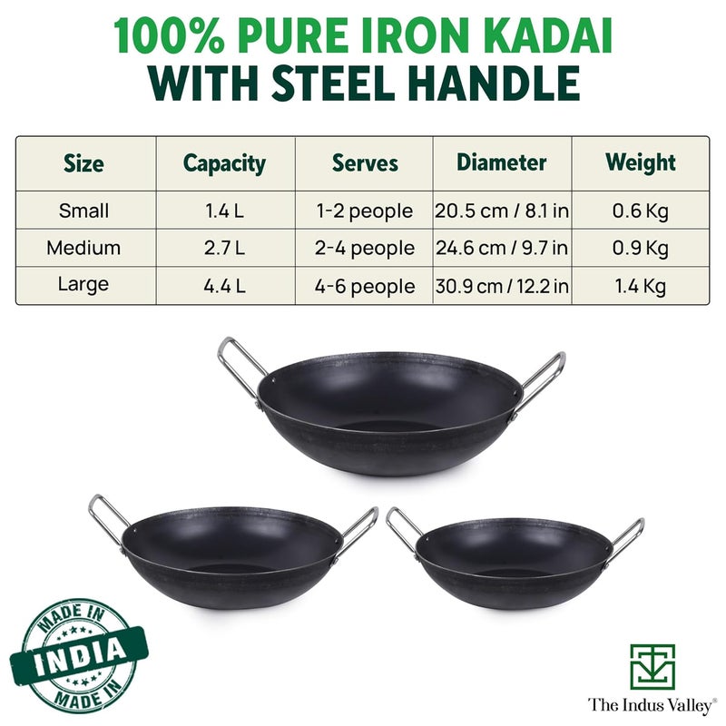 The Indus Valley The Indus Valley PreSeasoned Iron Kadai with Strong Handles Small 207 cm81 inch 14Ltr 064kg Induction Friendly PreSeasoned Iron Kadhai 100 Pure ToxinFree No Chemical Coating Black  - Image 2