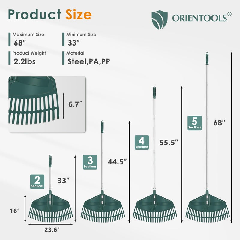 ORIENTOOLS 69" Adjustable Leaf Rake with 5-Section Handle, 26-Tine Durable Plastic Head, Dual-Use Design Converts to Leaf Scoops, Lightweight Yard Rake for Lawns, Grass, Shrubs & Garden Cleanup - Image 2