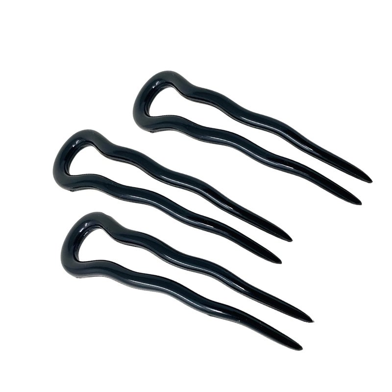 Parcelona French Mystic Black 3 Inch Wavy Set of 3 Celluloid U Shaped Hair Pins for Hair Bun Style for Women and Girls Hair Styling Accessories, Made in France
